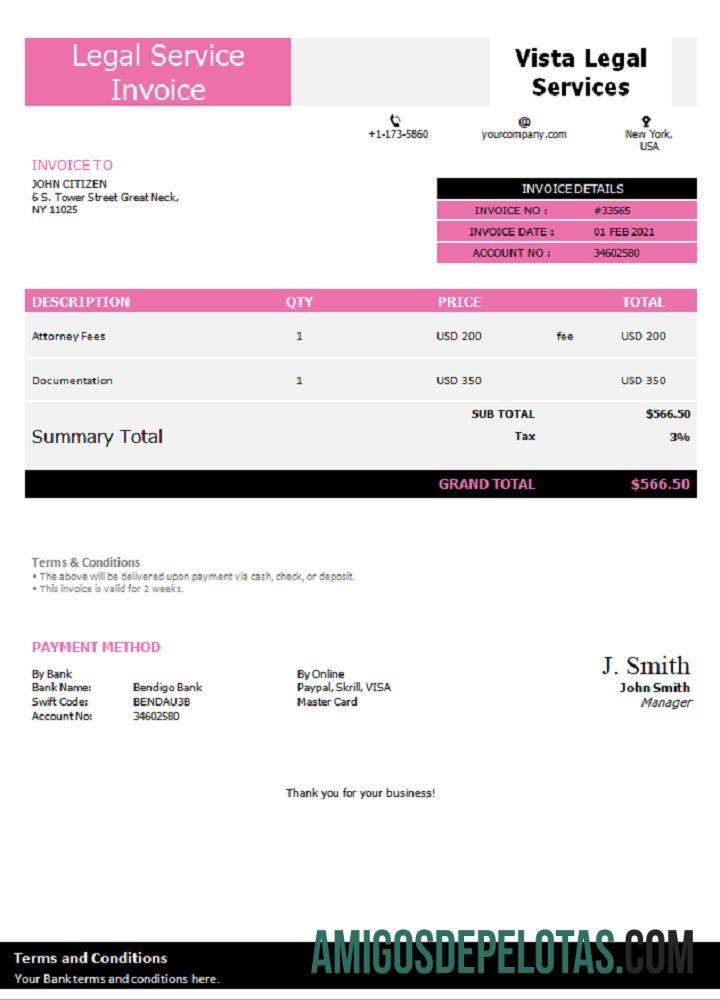 Fatura de serviços jurídicos do Vista dos EUA exemplo